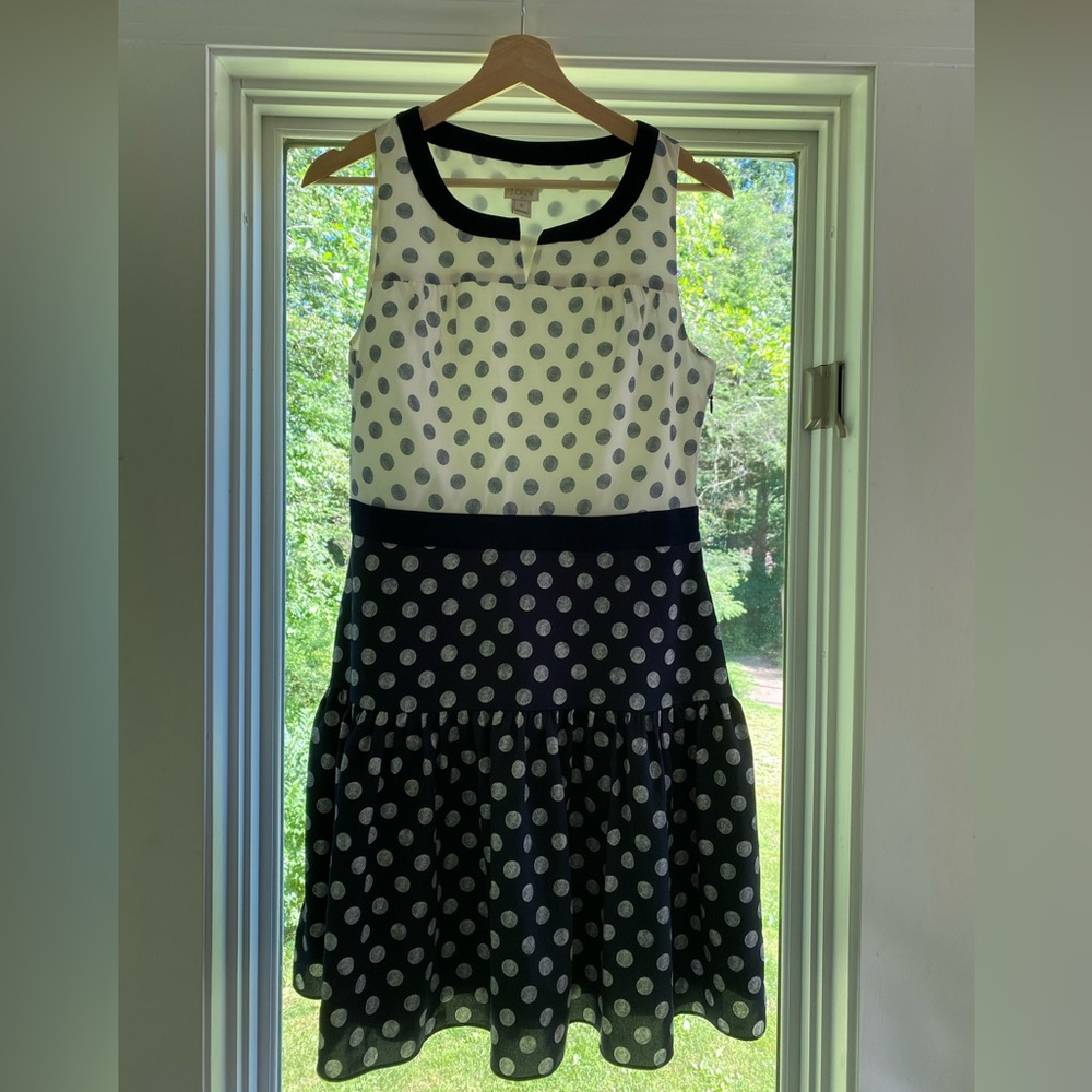 J. Crew navy and white polka dot tiered mini dress